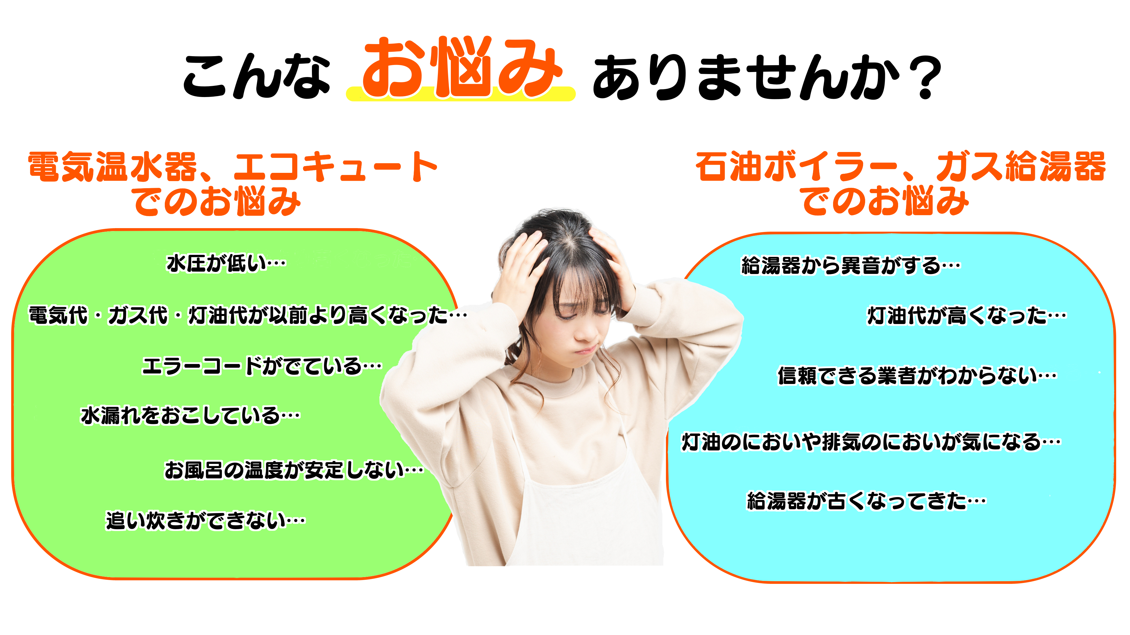 こんなお悩みありませんか？電気温水器、エコキュートでのお悩みで、水圧が低い、電気代・ガス代・灯油代が以前より高くなった、エラーコードがでている、水漏れをおこしている、お風呂の温度が安定しない、追い炊きができない。　石油ボイラー、ガス給湯器でのお悩みで、給湯器から異音がする、灯油代が高くなった、信頼できる業者がわからない、灯油のにおいや排気のにおいが気になる、給湯器が古くなってきたなど、お悩みの場合、気軽にお問合せください。